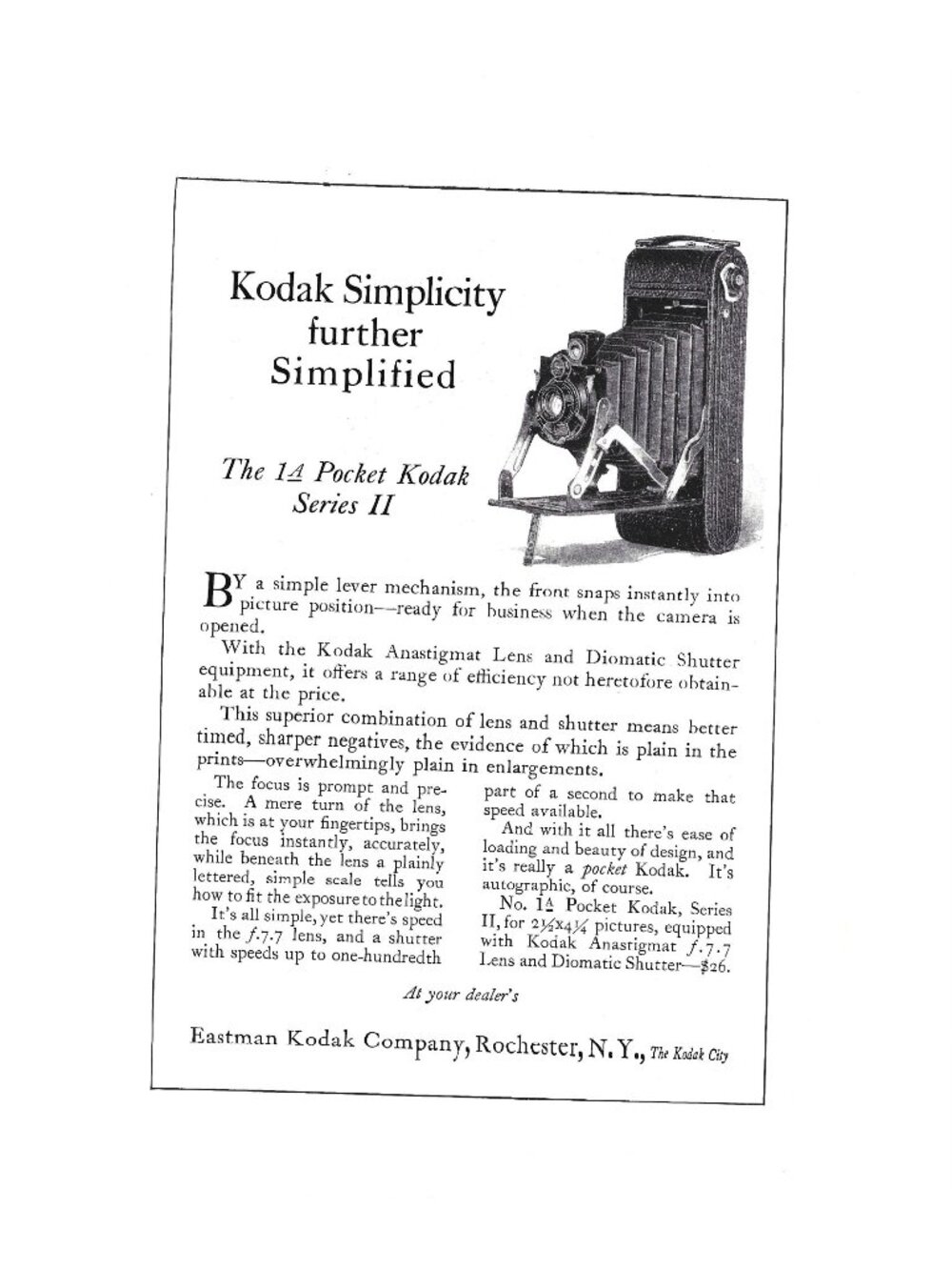 Print Ad Kodak Simplicity Pocket Series II 1920s Vintage Camera Advert Rochester